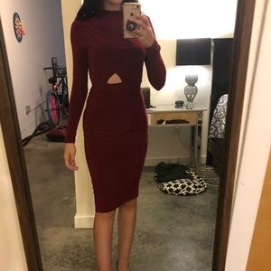 Wine Red Long Sleeve Dress with Front Opening